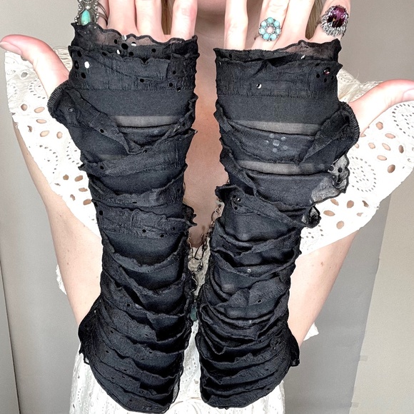 Hand Crafted Accessories - Black Sequin Gloves Ruffle Arm Warmers Goth Mummy Costume Striped